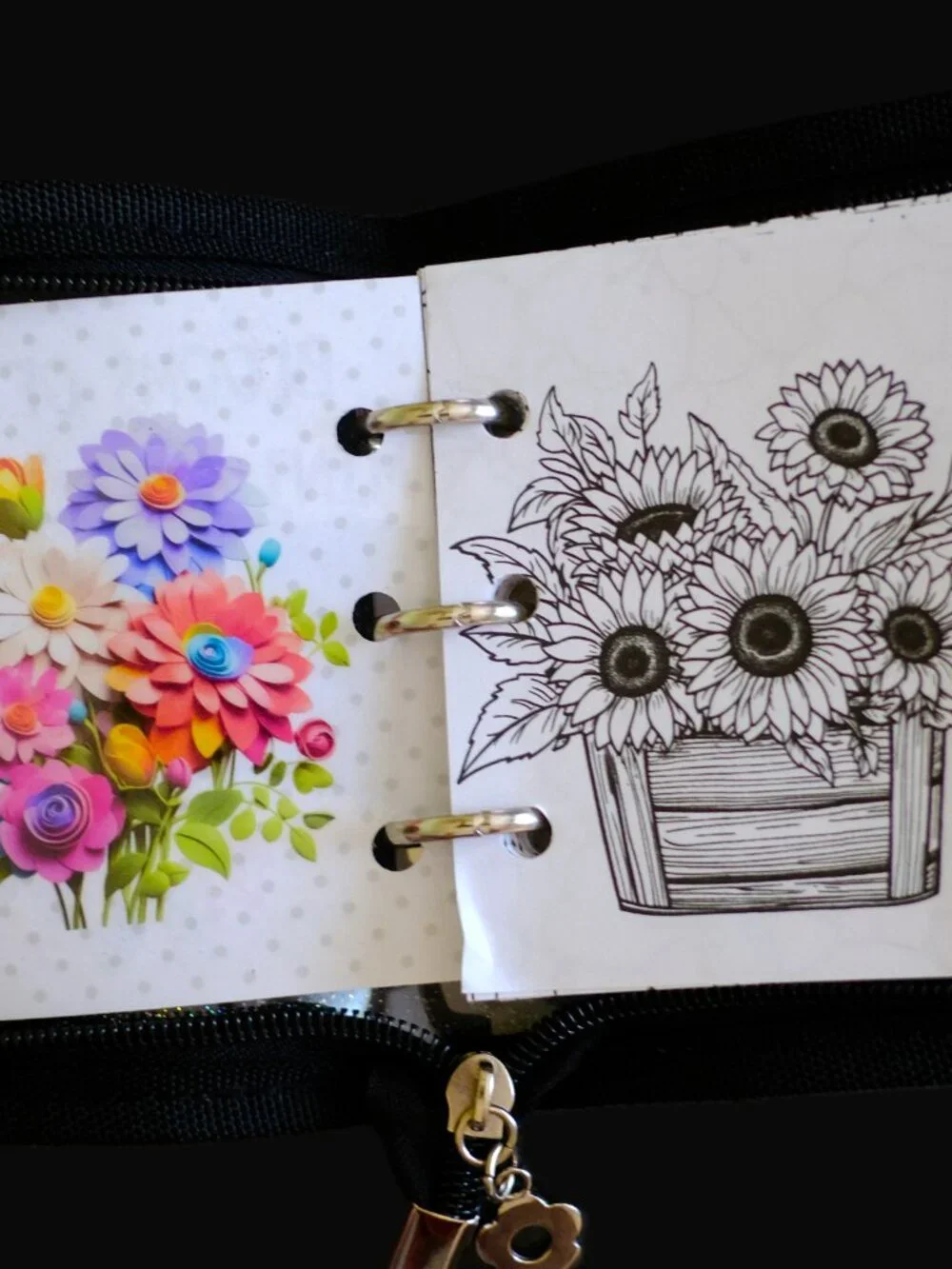 Mini Coloring Book & Pencil Set, Florals, Handmade, 3 ring binder, zipper